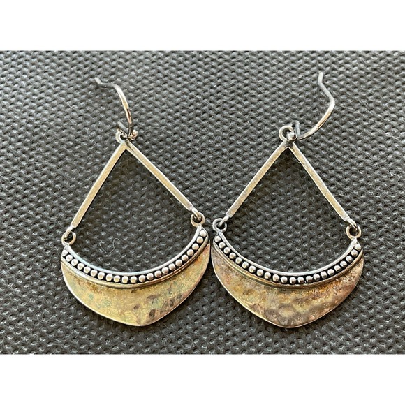 925 Sterling Silver Hammered Crescent Hoop Dangle Drop Earrings Vintage - Picture 2 of 5